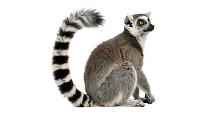 Wild striped lemur sitting down isolated on transparent background for wildlife photography concept © Foster