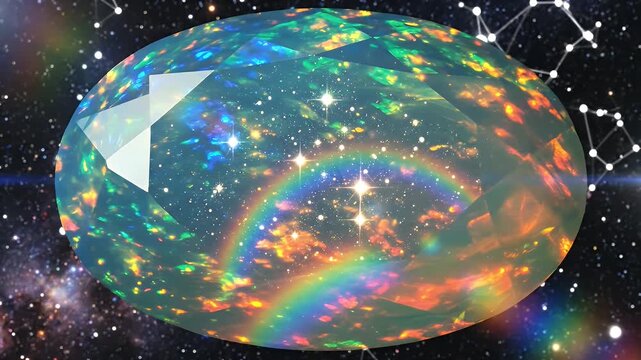 Abstract cosmic opal gemstone reflecting stars and constellations in deep space, ethereal nebula background