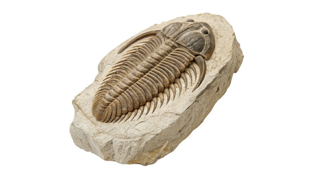Ancient prehistoric trilobite fossil in stone isolated on transparent background for history education