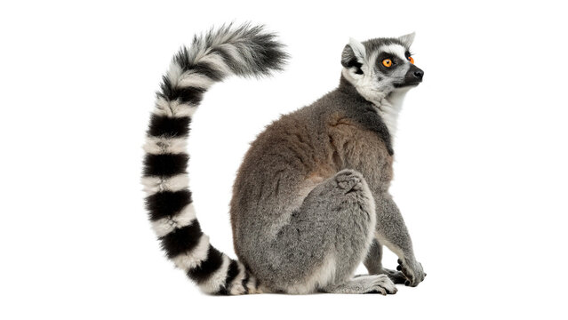 Wild striped lemur sitting down isolated on transparent background for wildlife photography concept