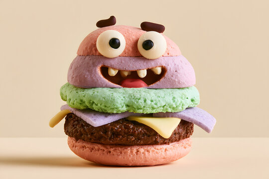 Cute Monster Face Burger Made of Colorful Macarons
