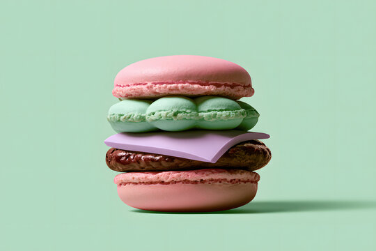Whimsical Burger Made of Pastel Macarons on Mint Green