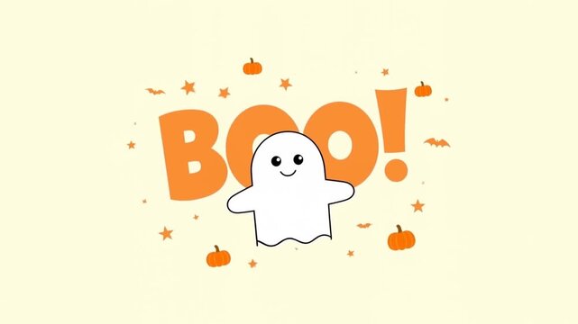 2D flat vector animation with a smiling ghost, tiny pumpkins, stars and bats on a clean cream background, gentle floating ghost
