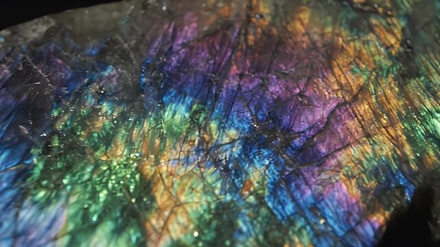 Close-up of a rough labradorite gemstone showing its iridescent blue, green, and purple schiller effect on a dark background
