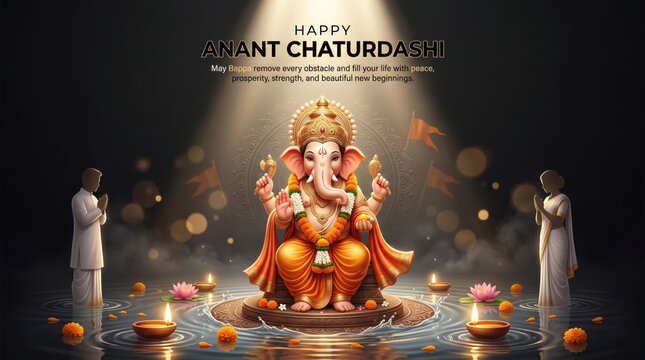 Lord ganesha sitting on a pedestal surrounded by floating oil lamps, marigold flowers, and two devotees praying in a dark, atmospheric setting for anant chaturdashi celebration