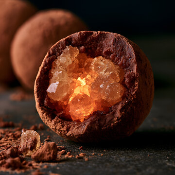 Chocolate Truffles With One Cracked Open Revealing Crystal Glow