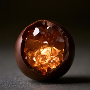 Chocolate Sphere Cracked Open Revealing Faceted Amber Crystals