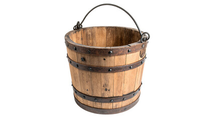 Traditional old wooden bucket with handle isolated on transparent background for garden decor © Foster