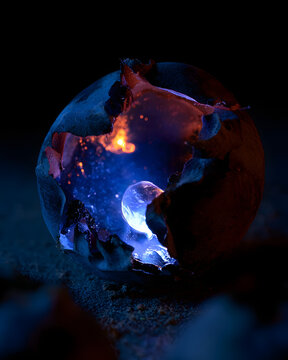 Round Berry Split Open With a Glowing Blue Crystal Core