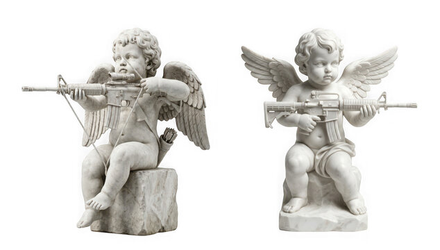 Two marble cherub statues holding assault rifles isolated on transparent background