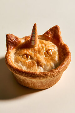 Baked Cat Face Pie With Spiral Unicorn Horn on Tan
