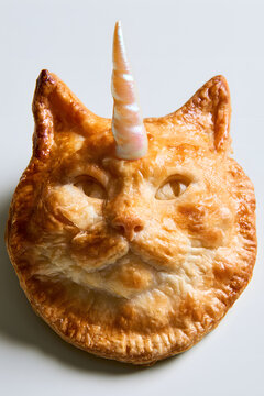 Close Up of Whimsical Cat Face Pastry With Unicorn Horn