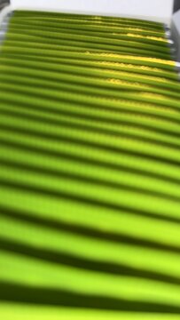 Blurry background featuring horizontal stripes of vibrant lime green with shadows