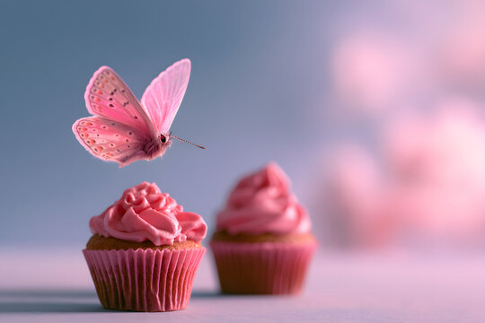 Pink Butterfly Flying Above Pink Frosted Cupcakes