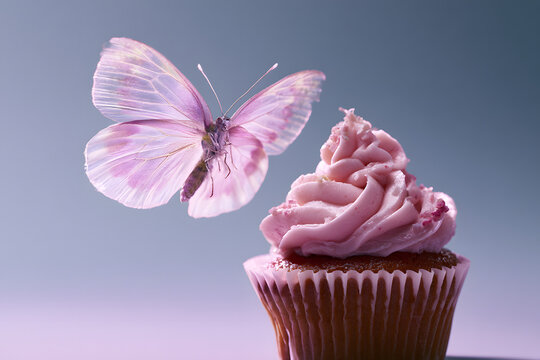 Pink Butterfly Fluttering Away From a Frosted Cupcake
