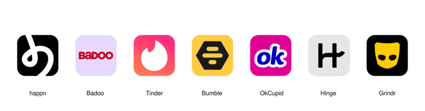 Top 7 Online dating & meeting social media app icons collection 2026. Tinder, Bumble, Hinge, happn, Badoo, Okcupid, Grindr. vector set