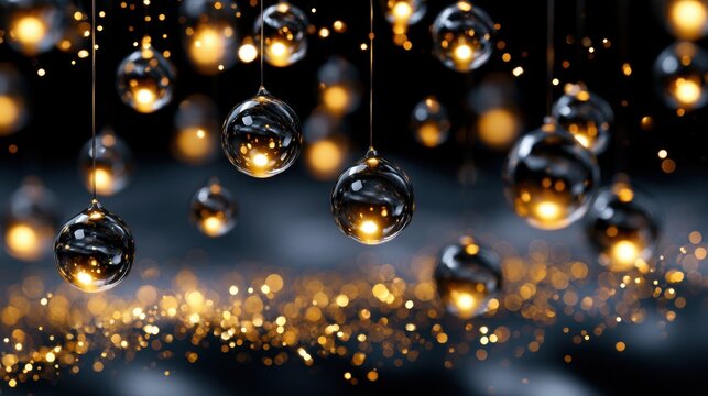 Transparent spheres hanging with glowing golden lights and soft bokeh effect creating a magical shimmering atmosphere in dark background