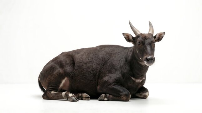 Lowland anoa dwarf buffalo lying down on white background