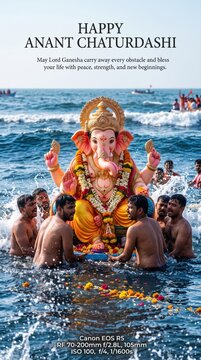 Statue of lord ganesha being immersed in the ocean by devotees during the anant chaturdashi festival, with text overlay and splashing sea water