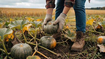 Fototapeta premium Young female farmer harvests organic pumpkins in autumn field. Woman wearing gloves picks large green squash from garden soil. Seasonal agriculture work in rural countryside. Sustainable food