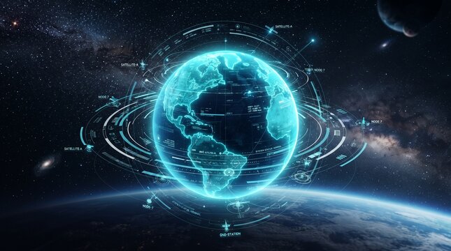 A Luminous Digital Earth Emitting Glowing Light, Representing Global Data Interconnection and a Futuristic Network Horizon in Deep Space