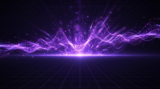 Vibrant glowing digital energy waves in a purple spectrum, emanating from a central point on a futuristic grid, symbolizing data flow and technological advancement