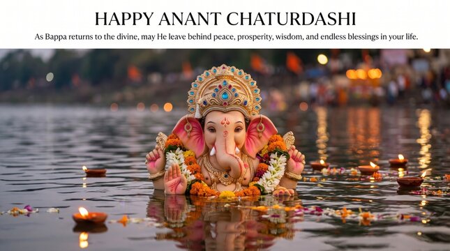 Statue of lord ganesha during anant chaturdashi immersion, floating in water with glowing oil lamps and flower petals, hindu religious festival celebration