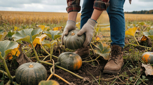 Young female farmer harvests organic pumpkins in autumn field. Woman wearing gloves picks large green squash from garden soil. Seasonal agriculture work in rural countryside. Sustainable food