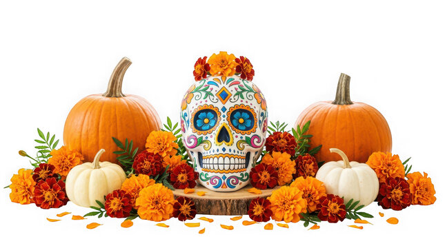 Day of the dead sugar skull centerpiece with pumpkins and marigold flowers isolated on transparent background