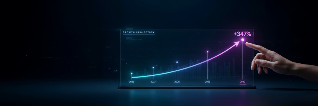 technology and busingess theme background Hand pointing at futuristic growth projection chart with 347 percent increase on digital screen