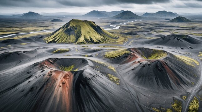 Drone view of volcanic craters and mossy mountains in Iceland. Stark grey terrain with yellow green moss patterns and winding rivers. Barren landscape under cloudy sky.