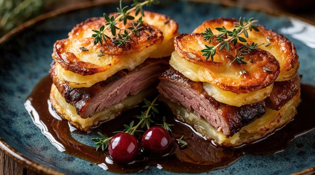 Duck leg parmentier with crispy golden potato layers, tender meat served on blue ceramic plate. Gourmet meal includes wine reduction sauce, fresh thyme, red berries. Delicious French cuisine ready