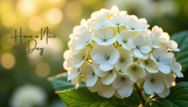 Have a Nice Day - white hydrangea blossoms glowing in warm golden light, soft bokeh. Greeting card.