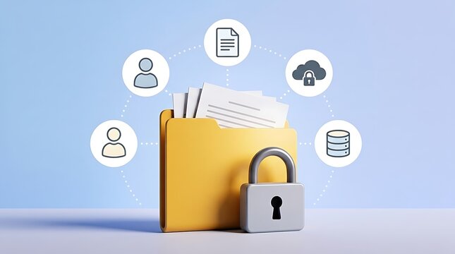 Confidential document security and data privacy concept with yellow folder padlock and digital icons