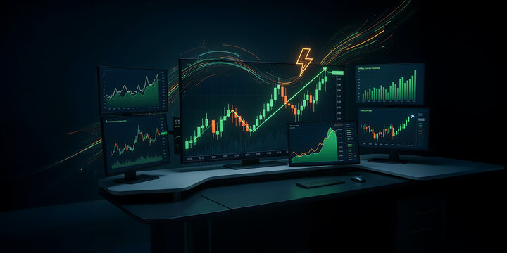 technology and busingess theme background Modern trading charts on computer screens with upward stock market trend and lightning bolt