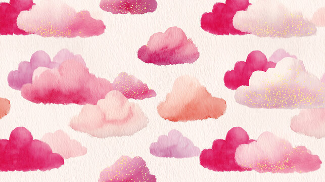 Pink watercolor clouds background with gold glitter flecks