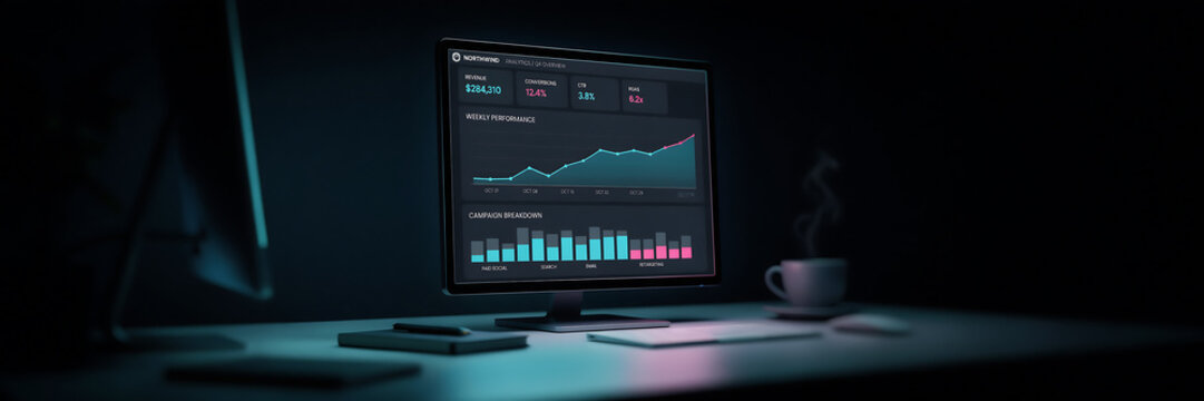technology and busingess theme background Modern workspace with computer displaying stock market performance analytics dashboard at night