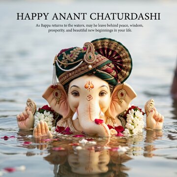 Statue of lord ganesha wearing a decorative turban, partially submerged in water with flower petals during the anant chaturdashi festival immersion ritual
