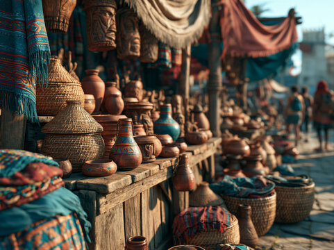 Traditional market with wooden stalls, woven baskets, and textiles under warm golden light. Soft blurred tourist silhouettes with left copy space. Commercial photo ideal for travel branding campaigns.