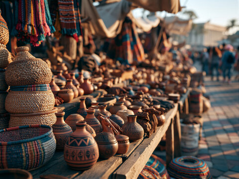 Traditional market with wooden stalls, woven baskets, and textiles under warm golden light. Soft blurred tourist silhouettes with left copy space. Commercial photo ideal for travel branding campaigns.