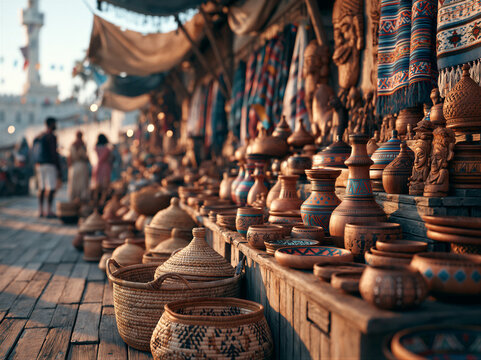 Traditional market with wooden stalls, woven baskets, and textiles under warm golden light. Soft blurred tourist silhouettes with left copy space. Commercial photo ideal for travel branding campaigns.