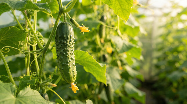 Green cucumber growing on vine in sunny industrial vegetable greenhouse