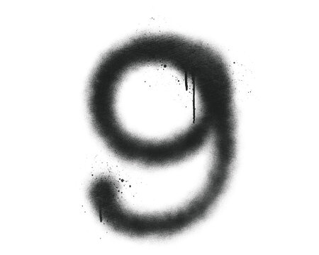 Spray paint graffiti number nine with drip effect. Street art typography numeral stencil digit isolated on background.