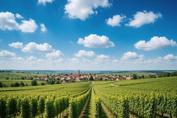 Obraz premium Vineyard landscape meets village under sunny blue sky with clouds. Green rolling hills surround tranquil countryside settlement. Pathway winds through cultivated fields.