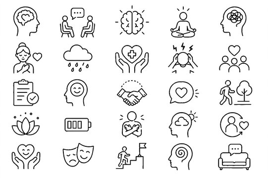 Mental Health, Psychology and Emotional Wellness Line Icon Set