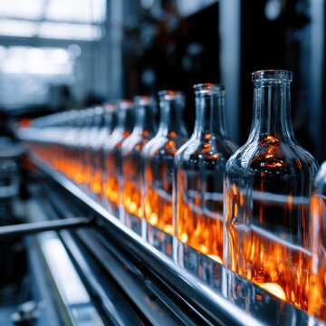 Industrial glass bottling process showing a row of transparent bottles glowing with orange light on the conveyor belt inside a modern manufacturing plant