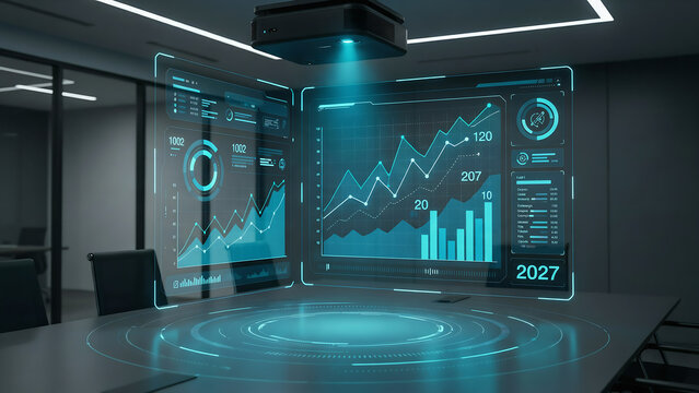 technology and busingess theme background Futuristic digital dashboard displaying business growth analytics and projections in a modern office