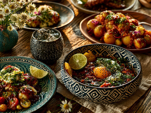 Top-down food flat lay featuring local cuisine, vibrant fruit, and artisan drinks on rustic wood, warm golden lighting with right-side copy space for travel blog headers and culinary marketing...