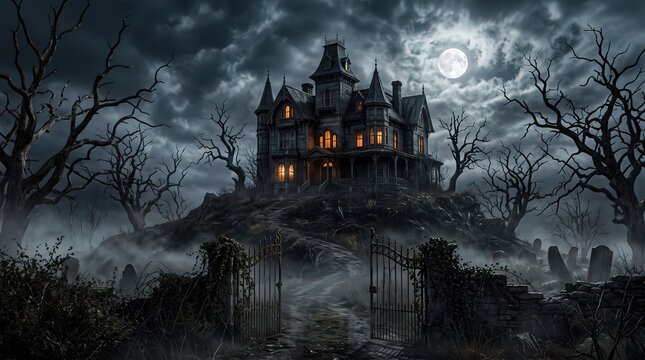 Haunted Gothic Mansion on Dark Hill Under Full Moon