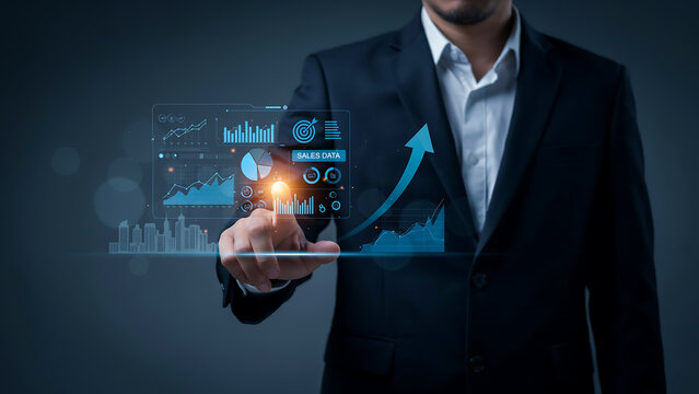 technology and busingess theme background Business professional analyzing sales growth data on a digital interface with upward trend arrow